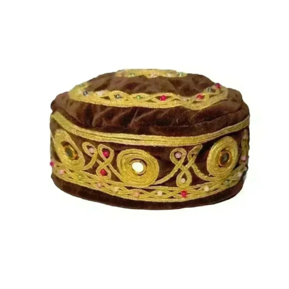 Vintage Velvet Tribal Kazakh Uzbek Islamic Ethnic‎ Old Hand Embroidered Kufi 8”